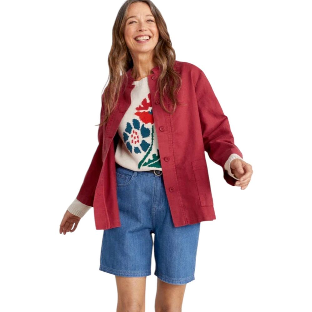 Seasalt Cornwall Clear Bloom Linen Blend Jacket Size 6 Red Collarless NWT